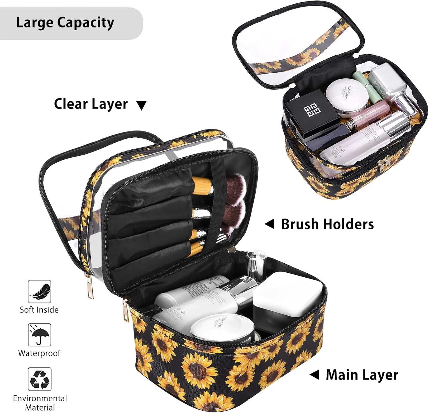 HUA ANGEL Double-layer Cosmetic Bag Travel Makeup Bag for Women Leather Cosmetic Case Portable Travel-Size Toiletry Organizer