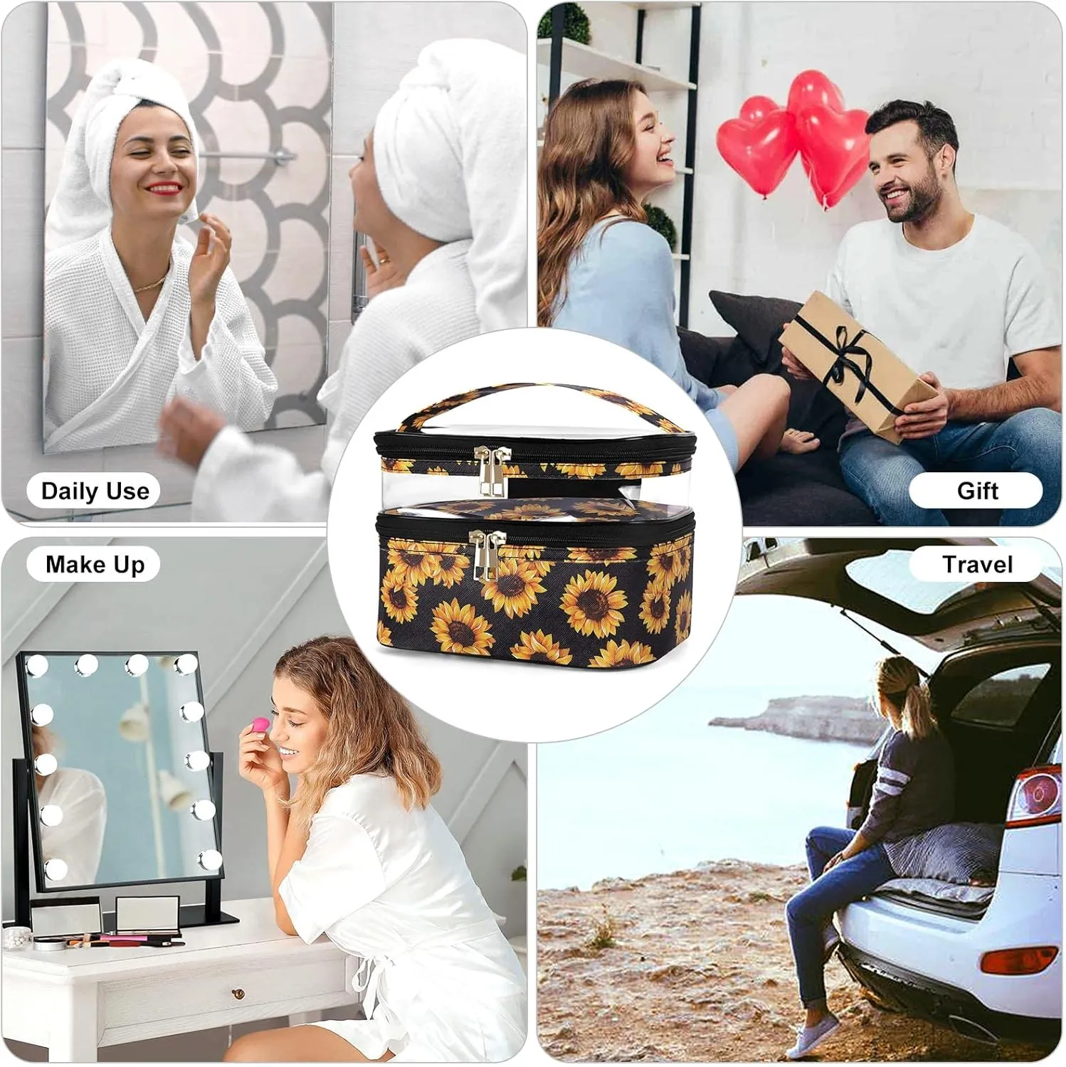 HUA ANGEL Double-layer Cosmetic Bag Travel Makeup Bag for Women Leather Cosmetic Case Portable Travel-Size Toiletry Organizer