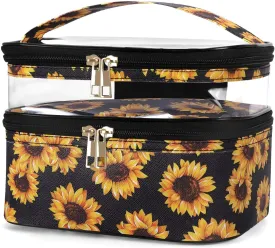 HUA ANGEL Double-layer Cosmetic Bag Travel Makeup Bag for Women Leather Cosmetic Case Portable Travel-Size Toiletry Organizer