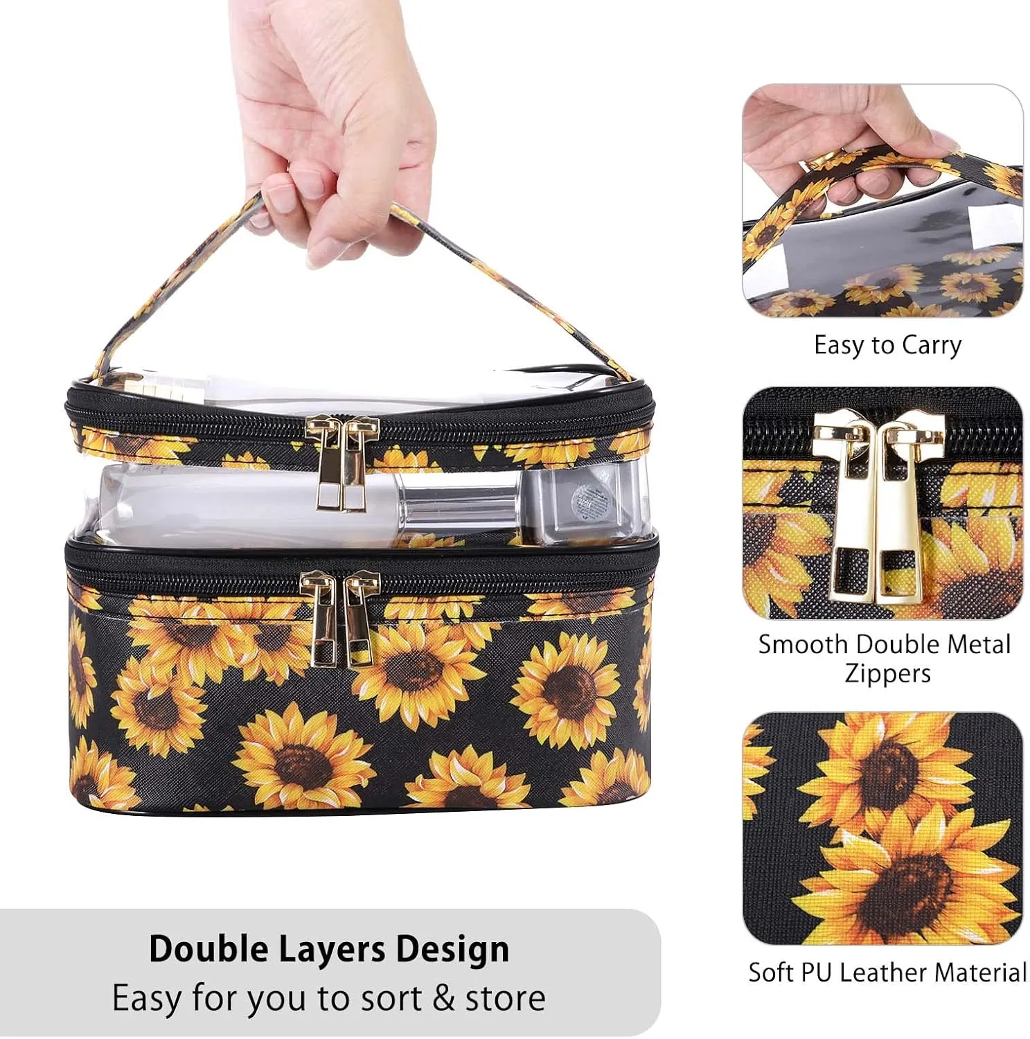HUA ANGEL Double-layer Cosmetic Bag Travel Makeup Bag for Women Leather Cosmetic Case Portable Travel-Size Toiletry Organizer