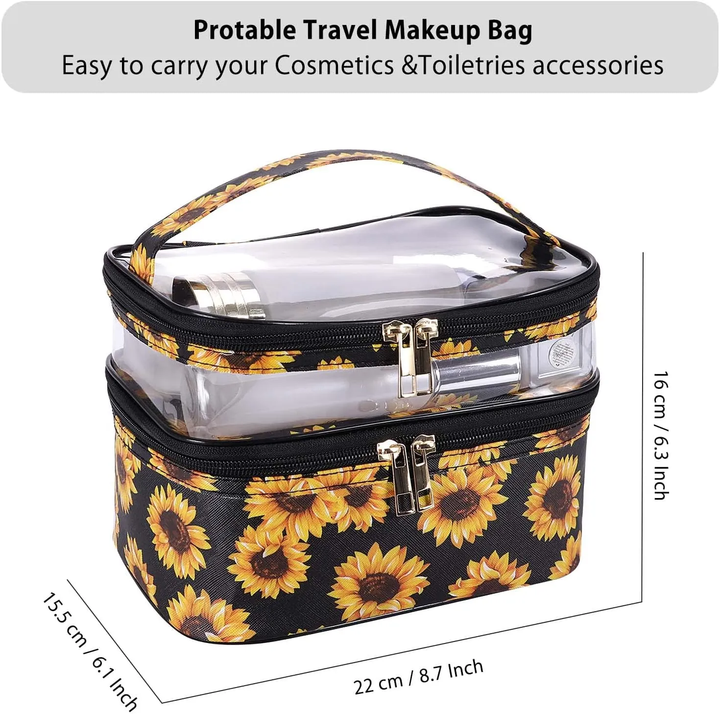 HUA ANGEL Double-layer Cosmetic Bag Travel Makeup Bag for Women Leather Cosmetic Case Portable Travel-Size Toiletry Organizer