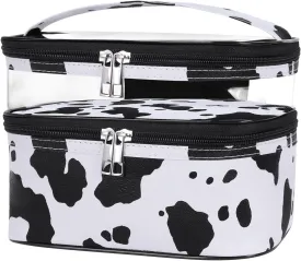 HUA ANGEL Double-layer Cosmetic Bag Travel Makeup Bag for Women Leather Cosmetic Case Portable Travel-Size Toiletry Organizer