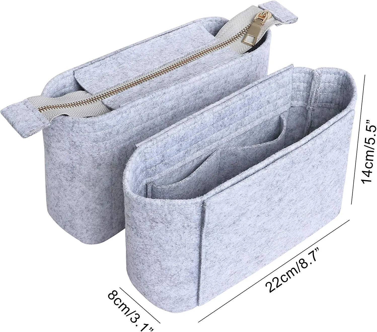 HyFanStr Felt Insert Bag Organizer with Zipper, Small Handbag Purse Organizer Tote Liner Pouch for Women, 2 Piece Set 