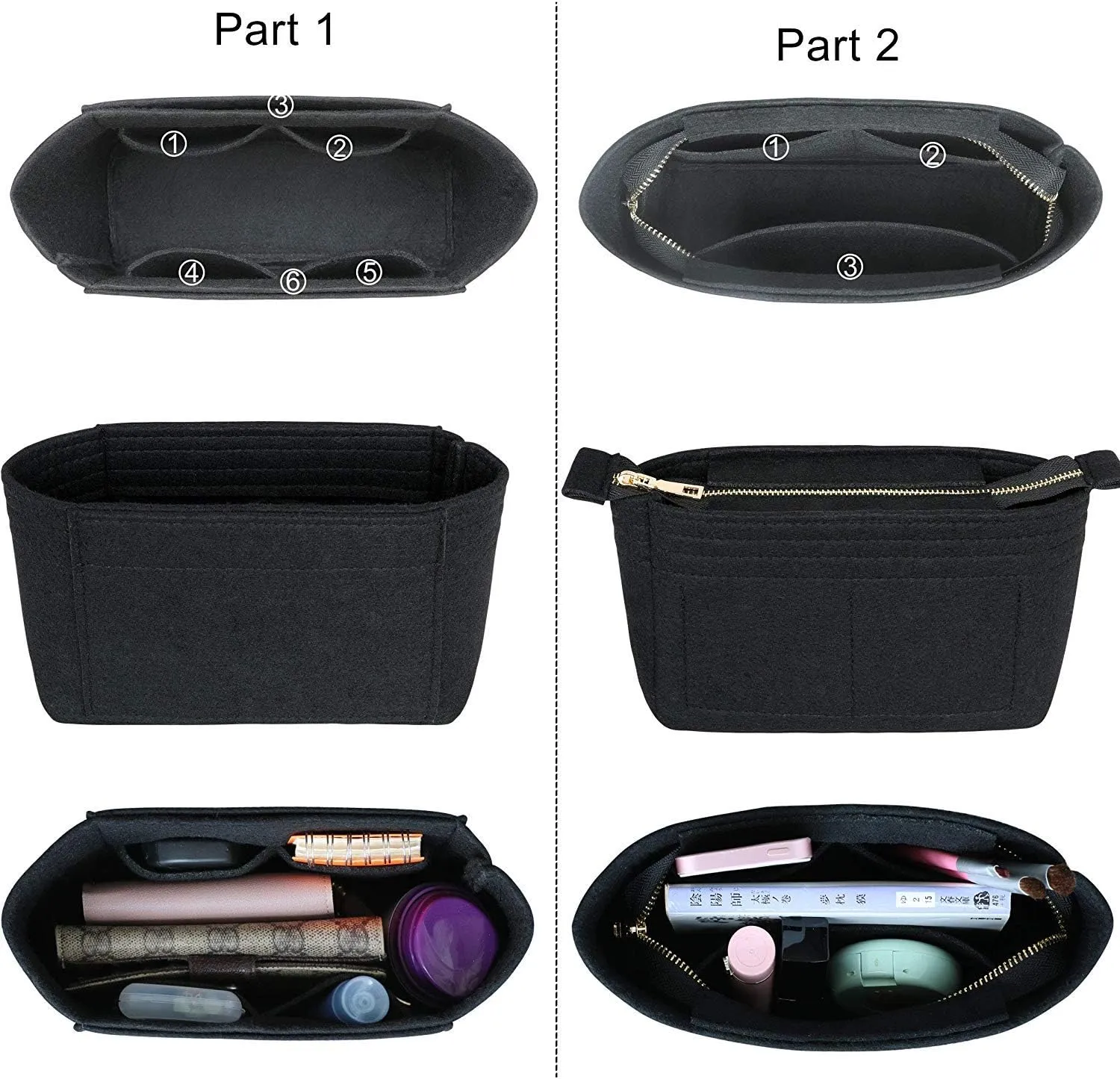 HyFanStr Felt Insert Bag Organizer with Zipper, Small Handbag Purse Organizer Tote Liner Pouch for Women, 2 Piece Set 