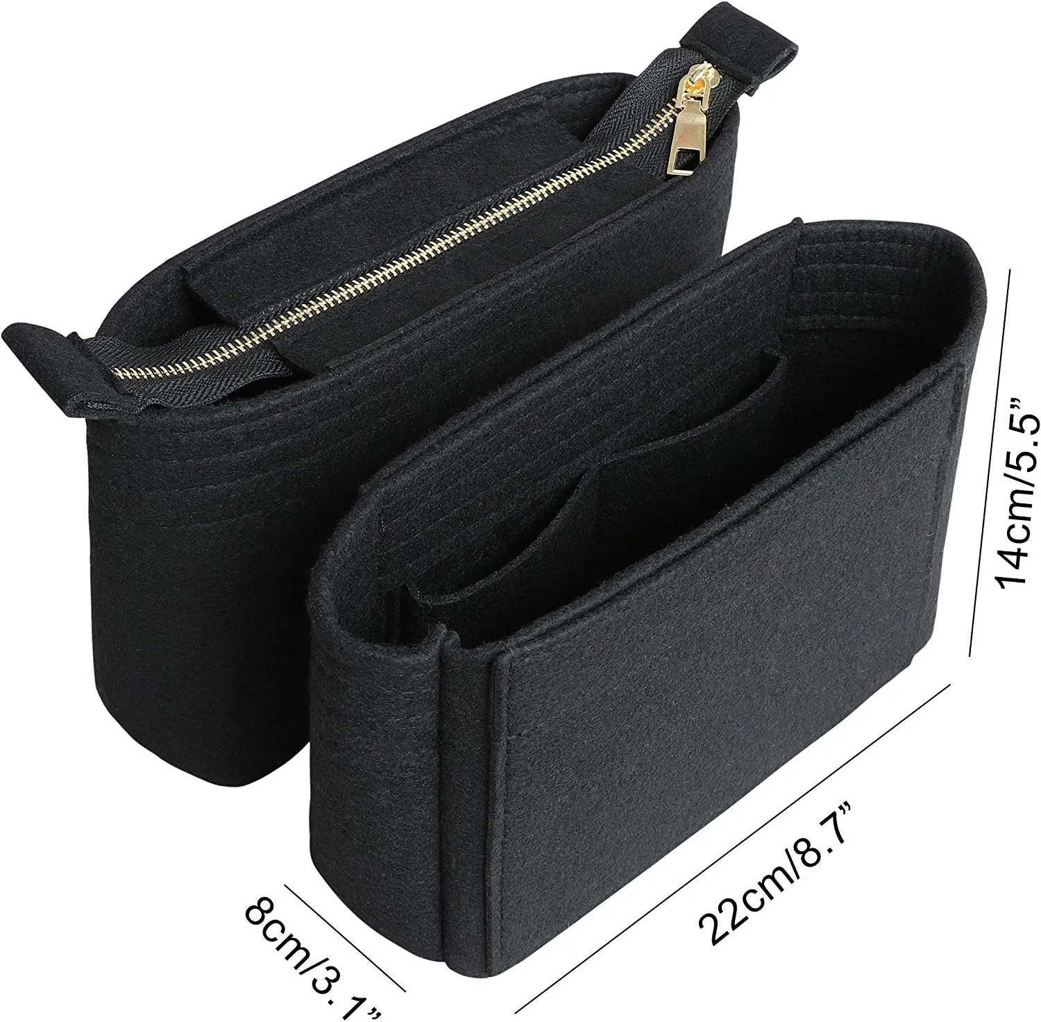 HyFanStr Felt Insert Bag Organizer with Zipper, Small Handbag Purse Organizer Tote Liner Pouch for Women, 2 Piece Set 
