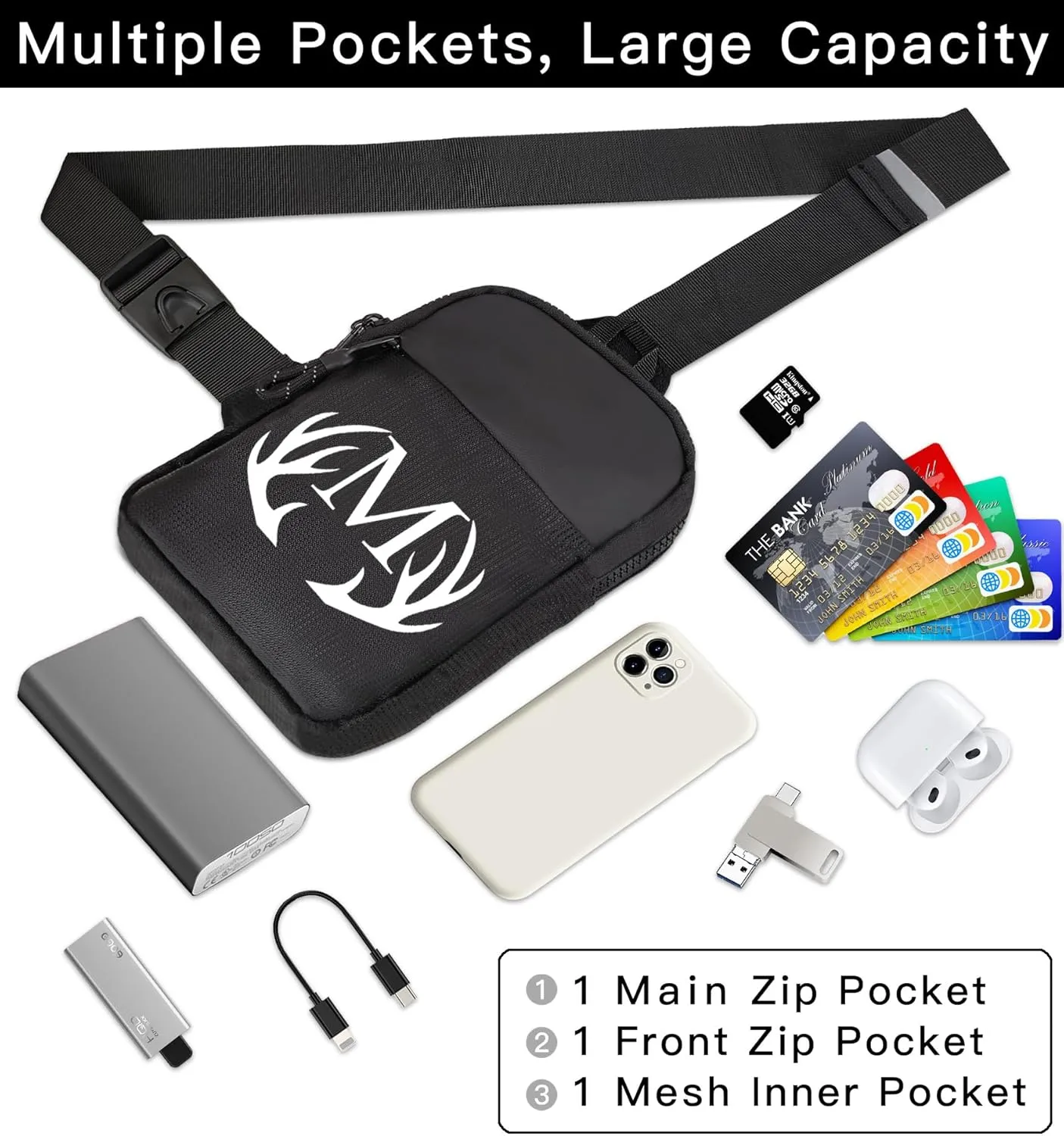 Initial Letter Small Crossbody Sling Bag for Men Women Double Pocket Chest Bag Trendy Water Resistant Fanny Pack Mini Phone Cross Body Bag for Travel Sports Workout Running (Black D)