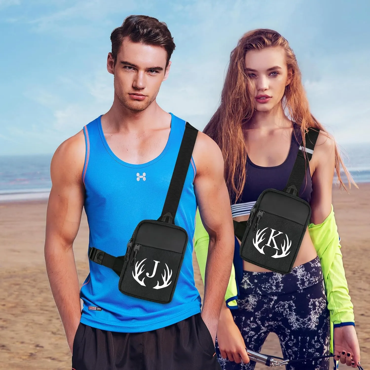 Initial Letter Small Crossbody Sling Bag for Men Women Double Pocket Chest Bag Trendy Water Resistant Fanny Pack Mini Phone Cross Body Bag for Travel Sports Workout Running (Black D)