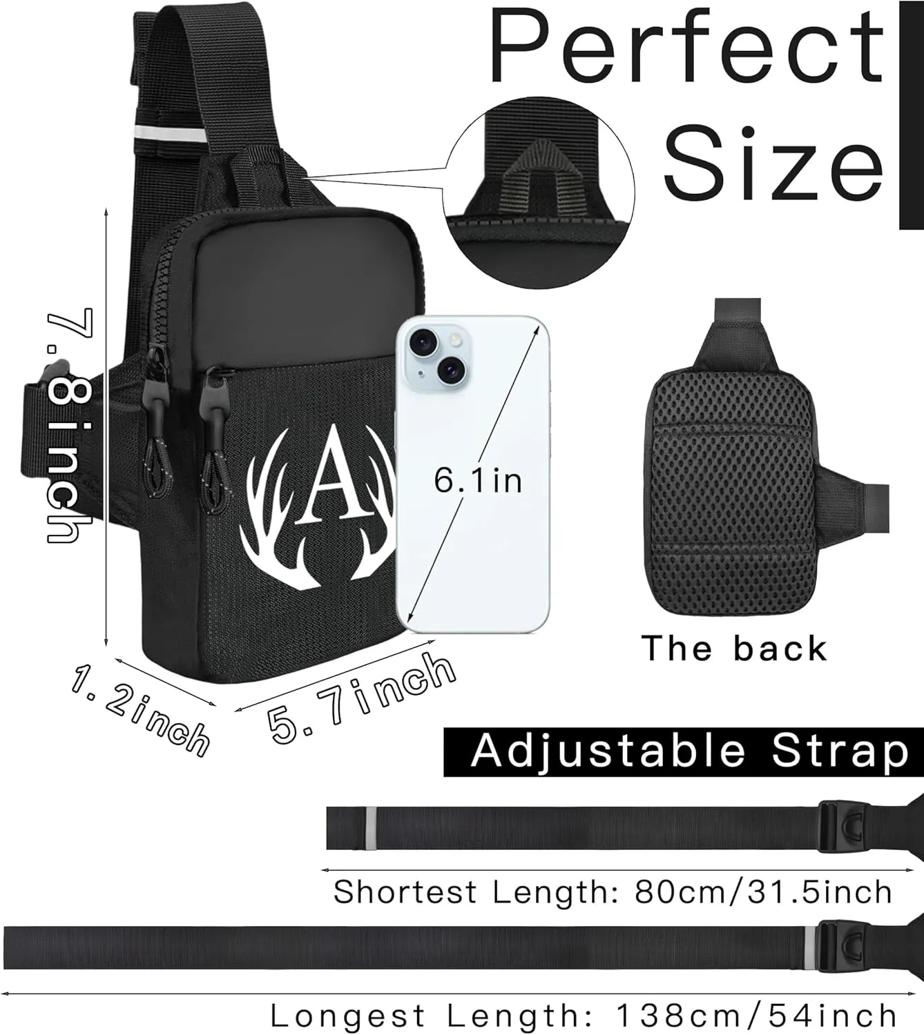 Initial Letter Small Crossbody Sling Bag for Men Women Double Pocket Chest Bag Trendy Water Resistant Fanny Pack Mini Phone Cross Body Bag for Travel Sports Workout Running (Black D)