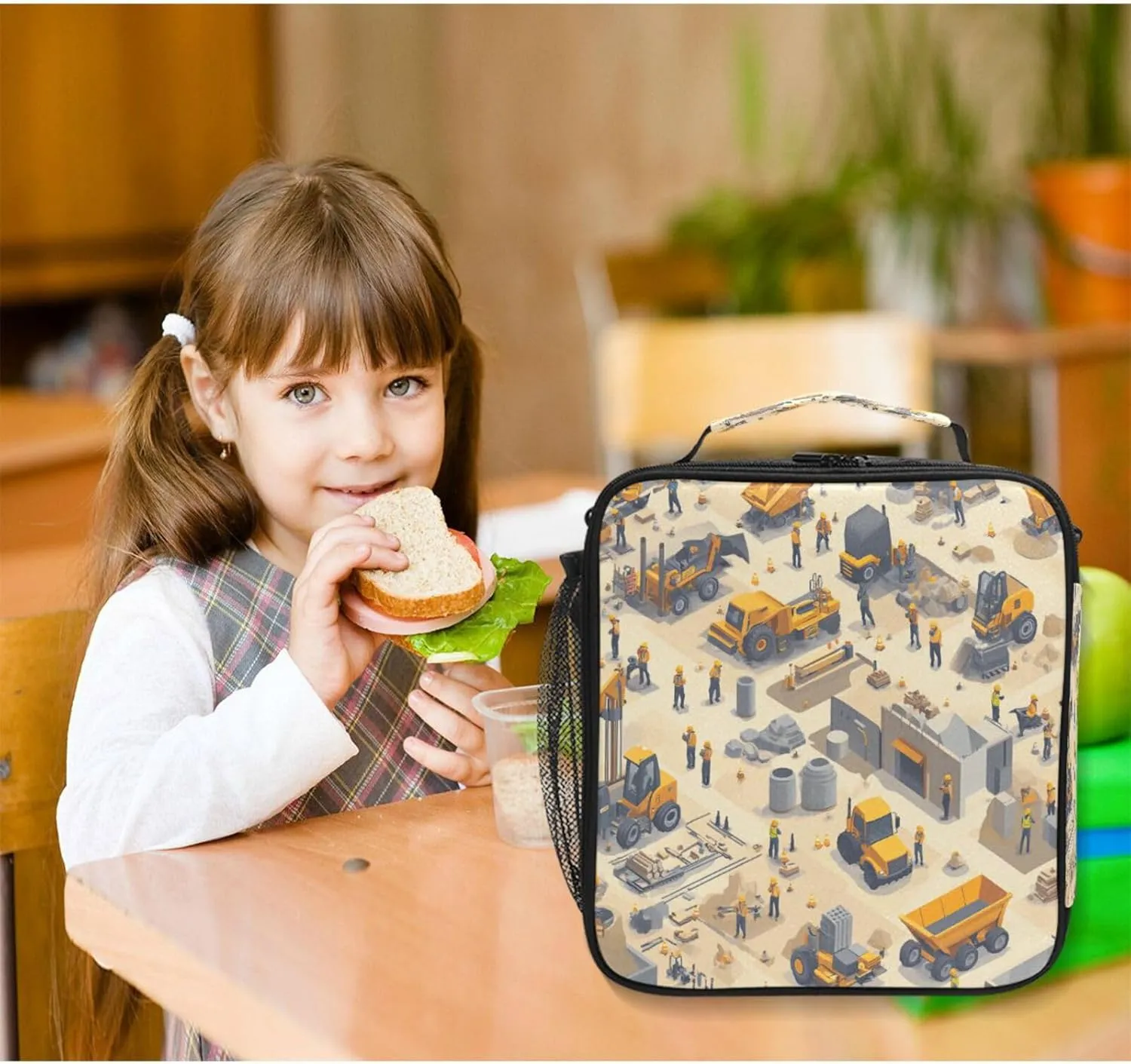 Insulated Lunch Tote Zip Pockets Cooler Lunch Bag with buckle for School College Construction Scene Concrete Mixer Truck