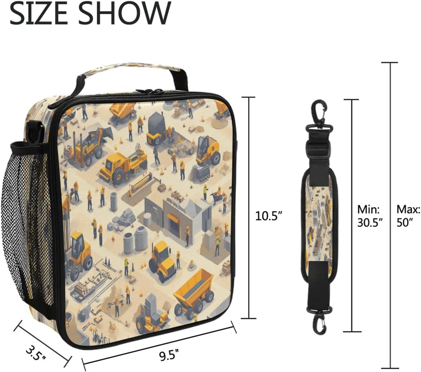 Insulated Lunch Tote Zip Pockets Cooler Lunch Bag with buckle for School College Construction Scene Concrete Mixer Truck