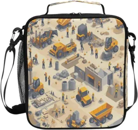 Insulated Lunch Tote Zip Pockets Cooler Lunch Bag with buckle for School College Construction Scene Concrete Mixer Truck