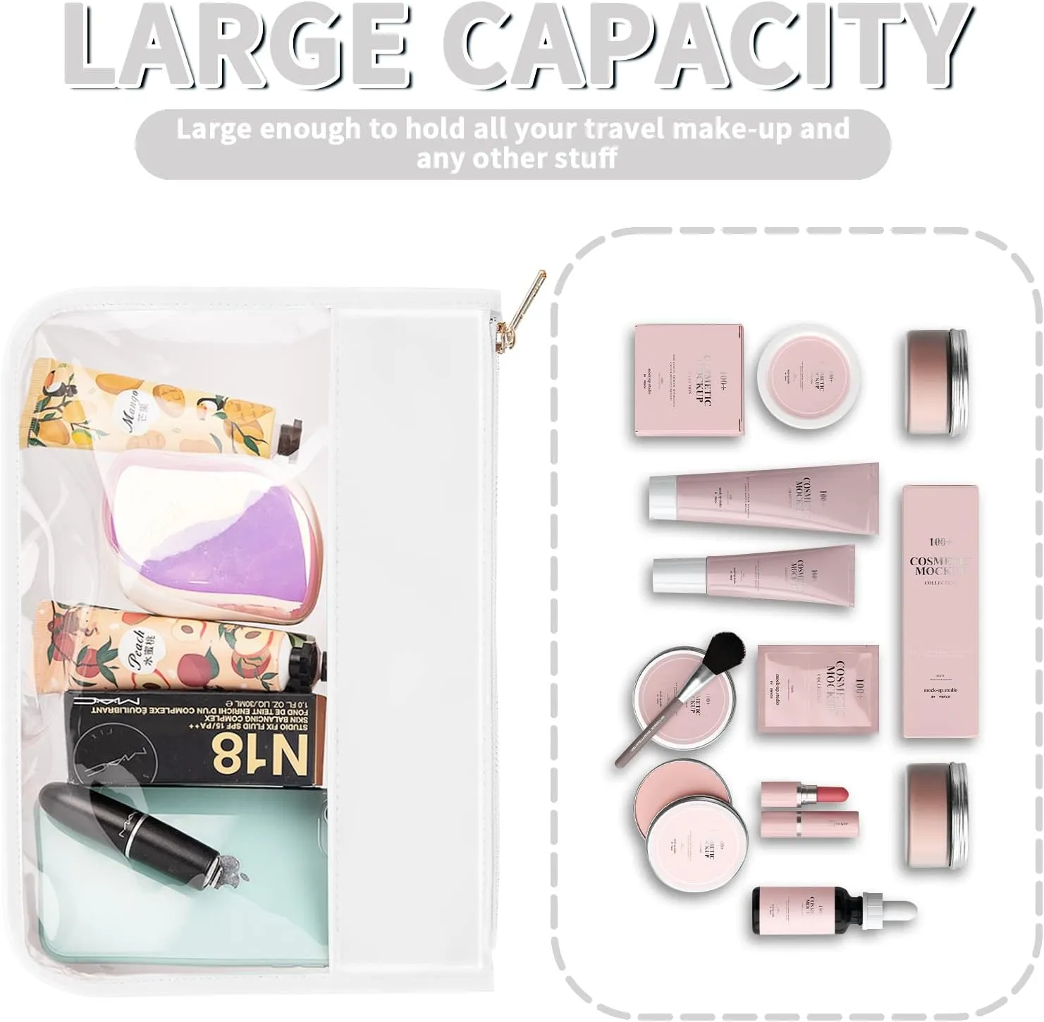 Iqimott Clear Zipper Pouch, DIY Clear Makeup Bag Cosmetic Purse for Women Girls, Preppy Chenille Letter Travel Handbag Leather Toiletry Bag(White)