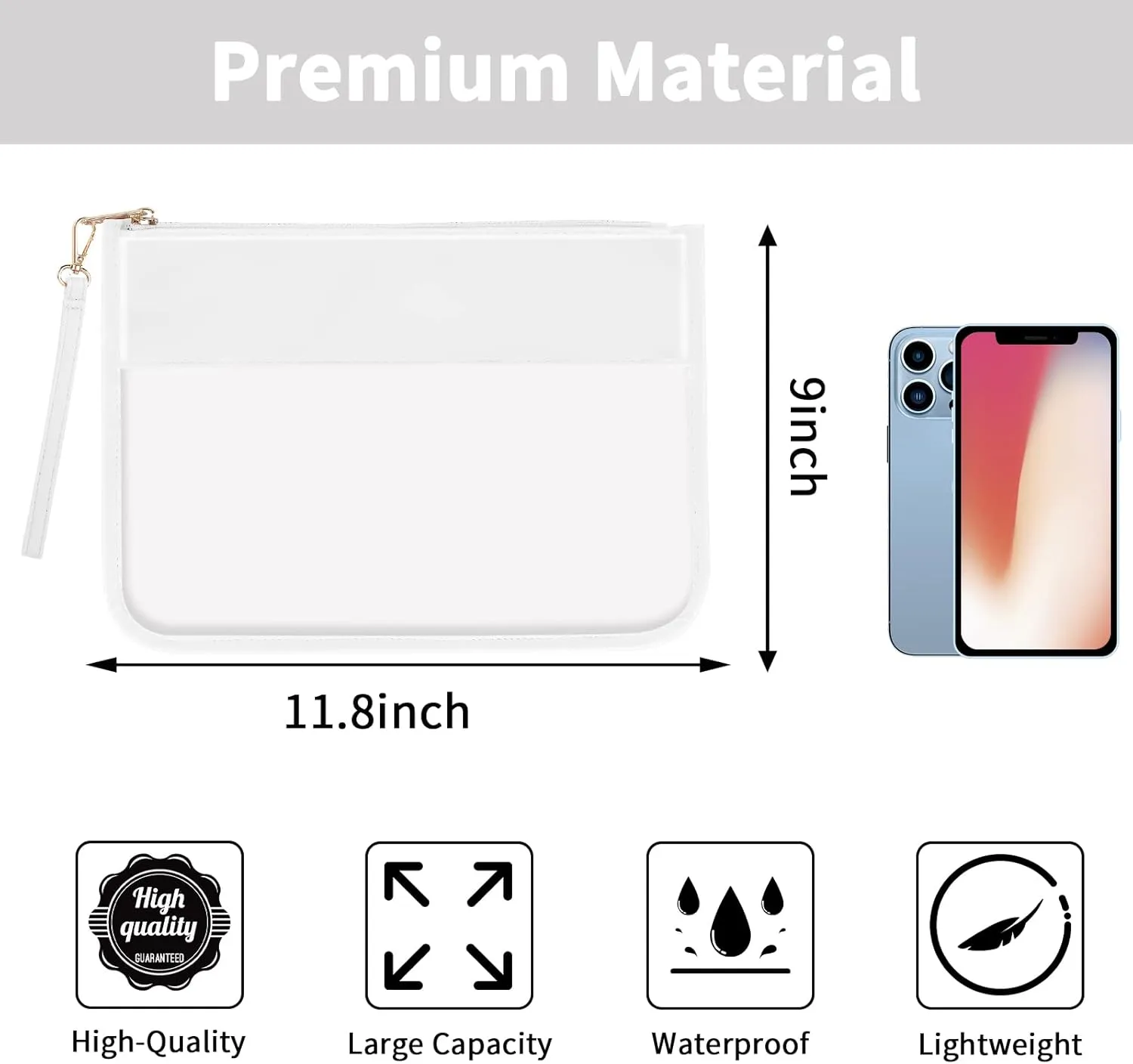 Iqimott Clear Zipper Pouch, DIY Clear Makeup Bag Cosmetic Purse for Women Girls, Preppy Chenille Letter Travel Handbag Leather Toiletry Bag(White)