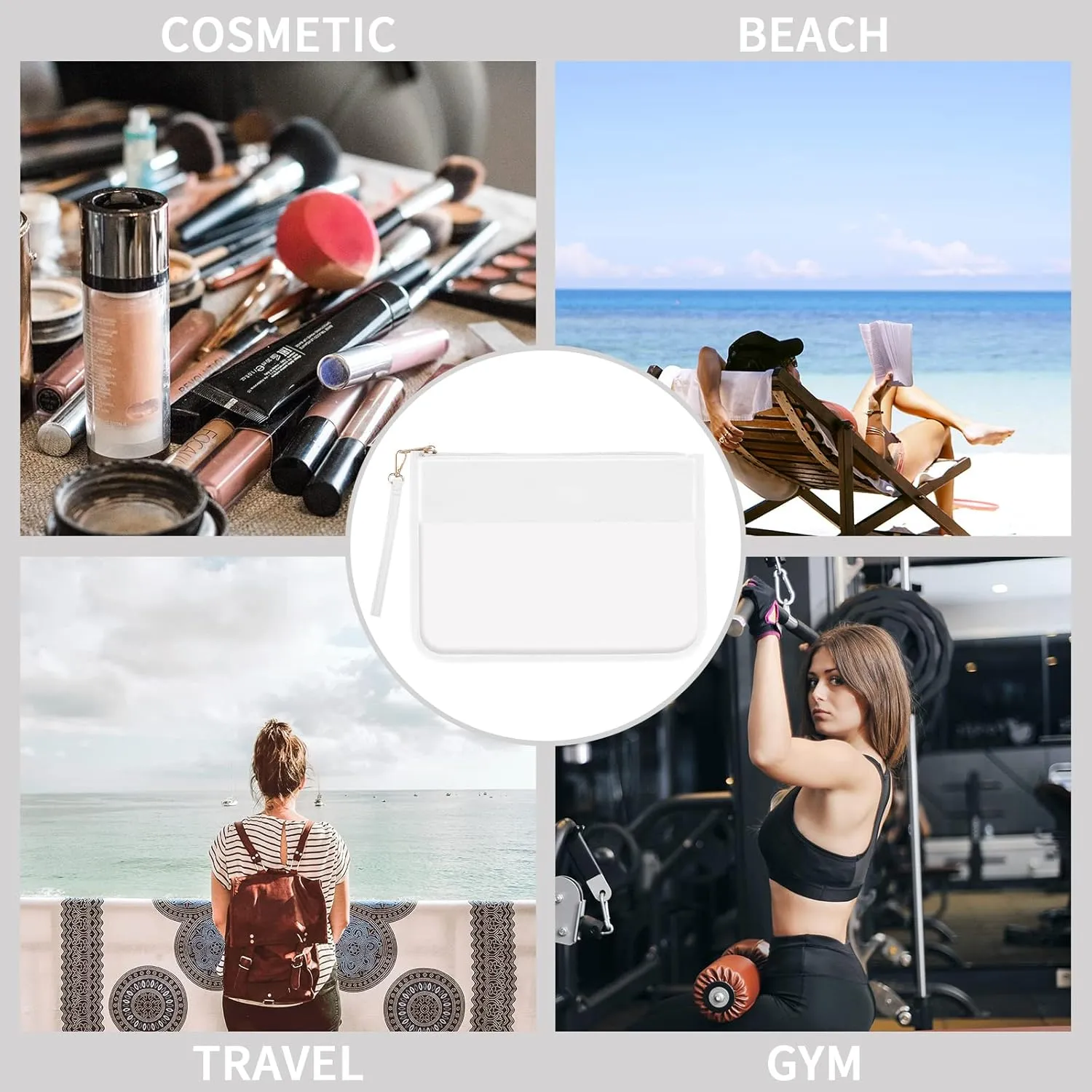 Iqimott Clear Zipper Pouch, DIY Clear Makeup Bag Cosmetic Purse for Women Girls, Preppy Chenille Letter Travel Handbag Leather Toiletry Bag(White)