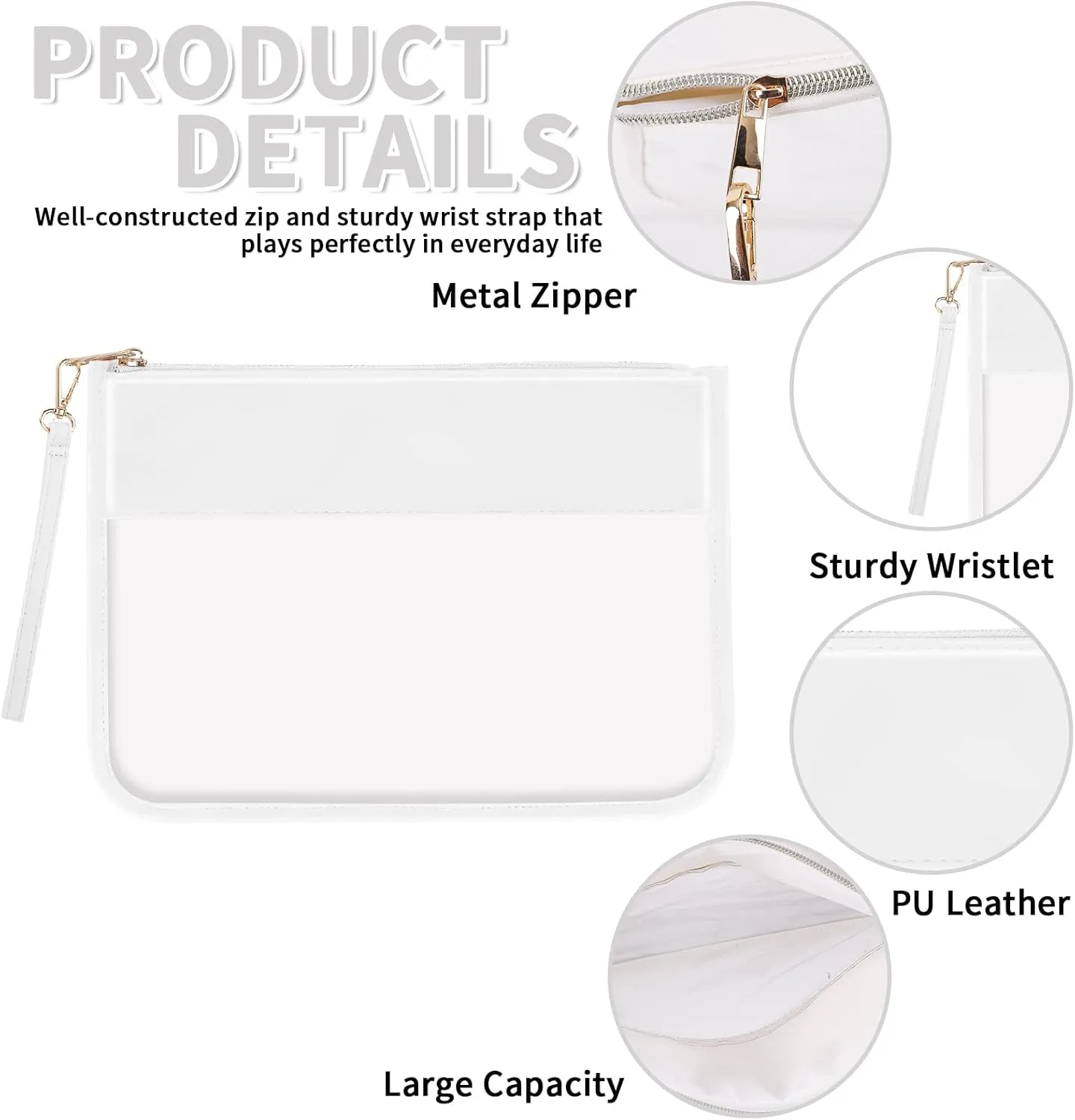 Iqimott Clear Zipper Pouch, DIY Clear Makeup Bag Cosmetic Purse for Women Girls, Preppy Chenille Letter Travel Handbag Leather Toiletry Bag(White)