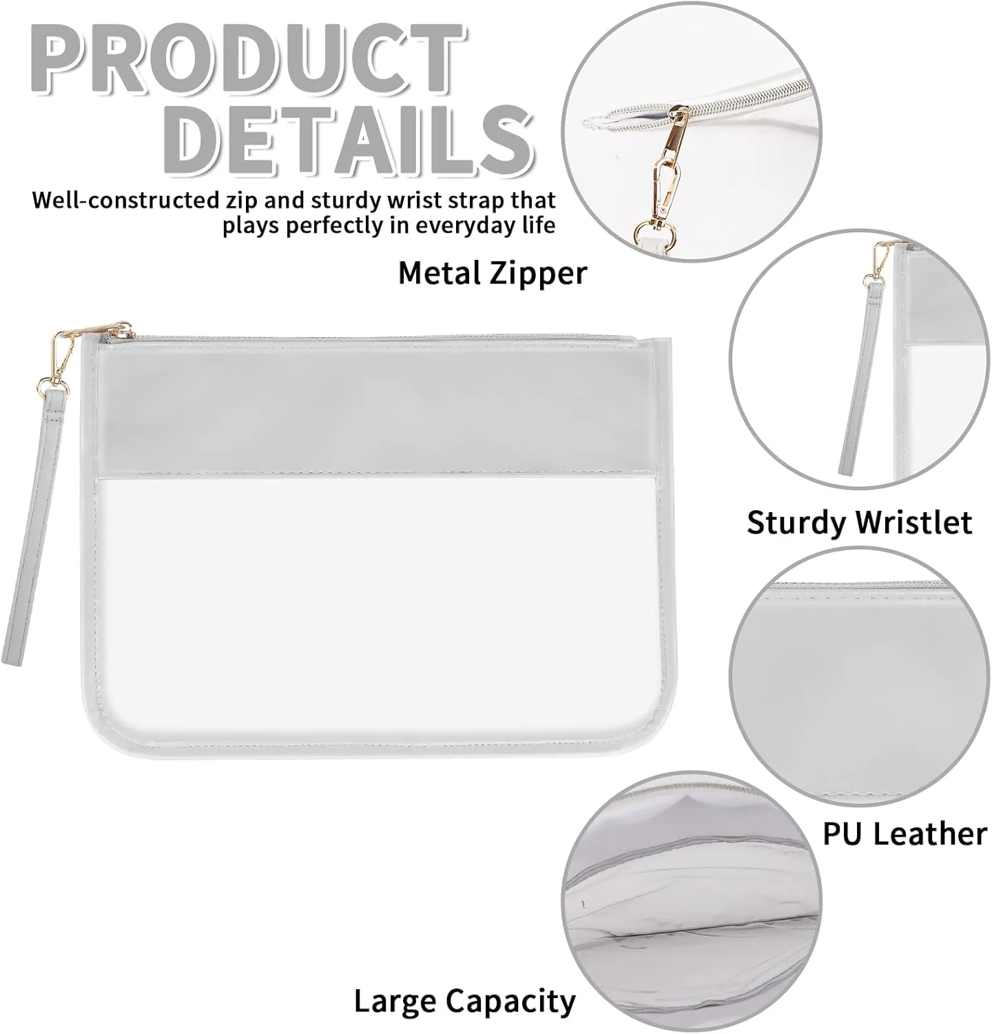 Iqimott Clear Zipper Pouch, DIY Clear Makeup Cosmetic Bag Purse for Women Girls, Chenille Letter Travel Toiletry Bag(Grey)