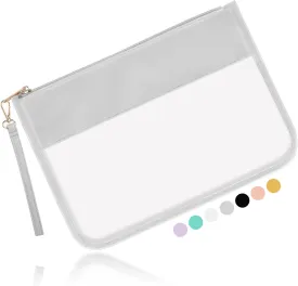 Iqimott Clear Zipper Pouch, DIY Clear Makeup Cosmetic Bag Purse for Women Girls, Chenille Letter Travel Toiletry Bag(Grey)