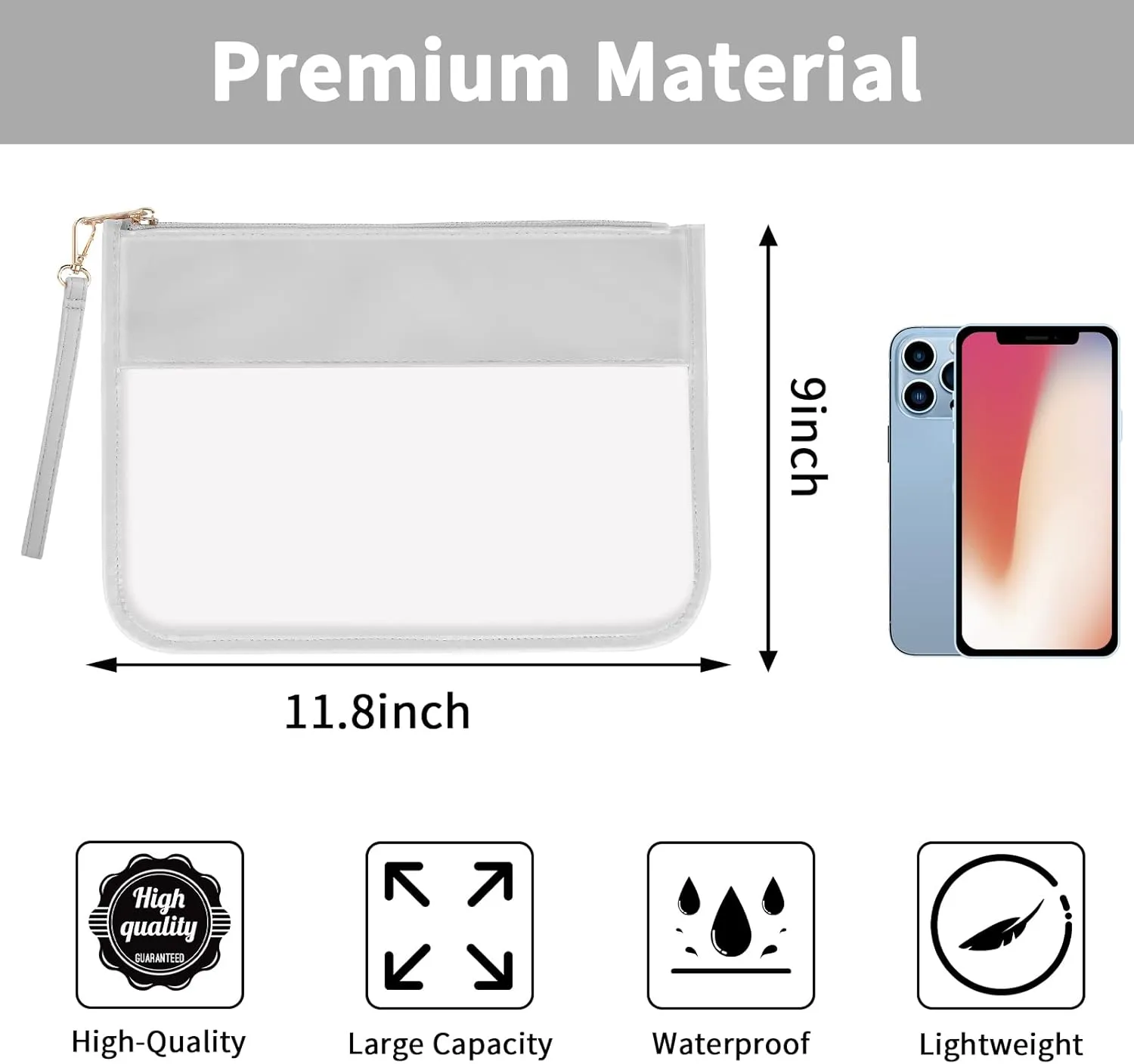 Iqimott Clear Zipper Pouch, DIY Clear Makeup Cosmetic Bag Purse for Women Girls, Chenille Letter Travel Toiletry Bag(Grey)
