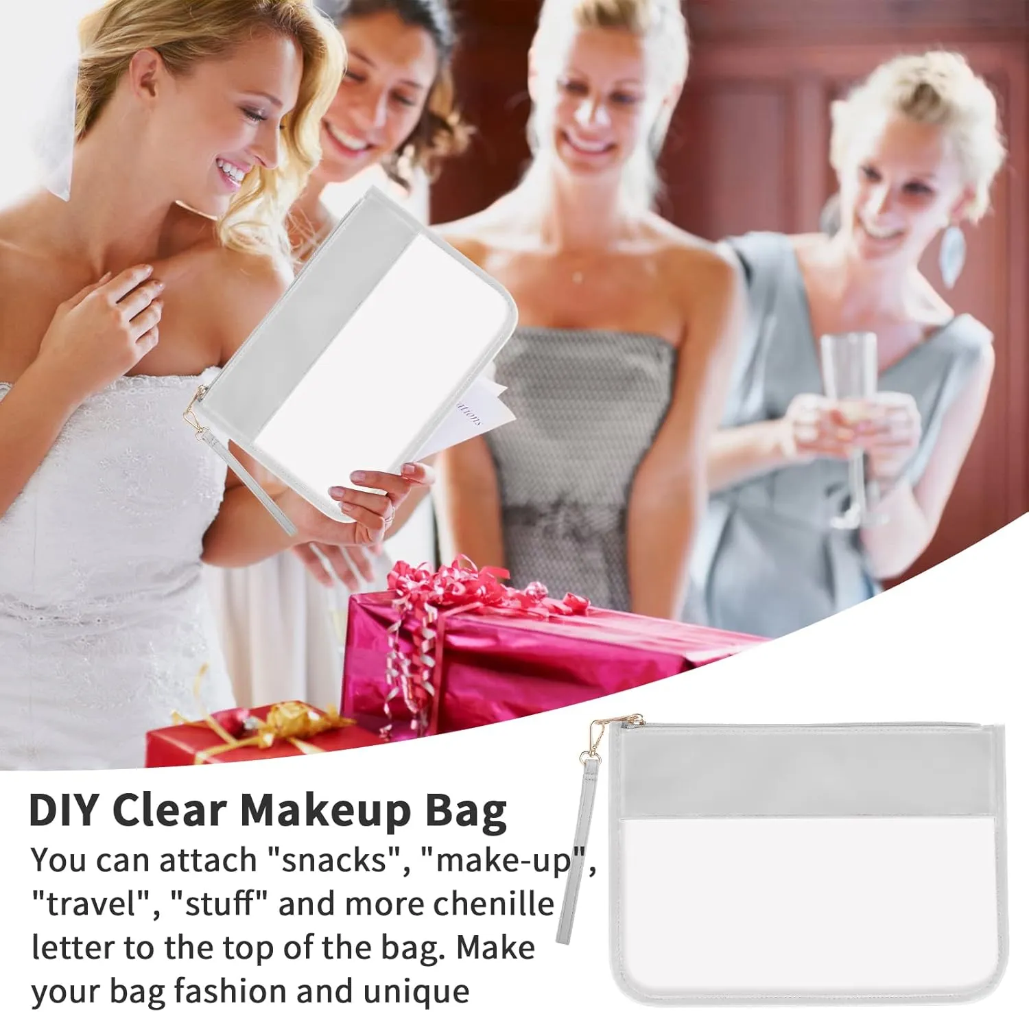 Iqimott Clear Zipper Pouch, DIY Clear Makeup Cosmetic Bag Purse for Women Girls, Chenille Letter Travel Toiletry Bag(Grey)