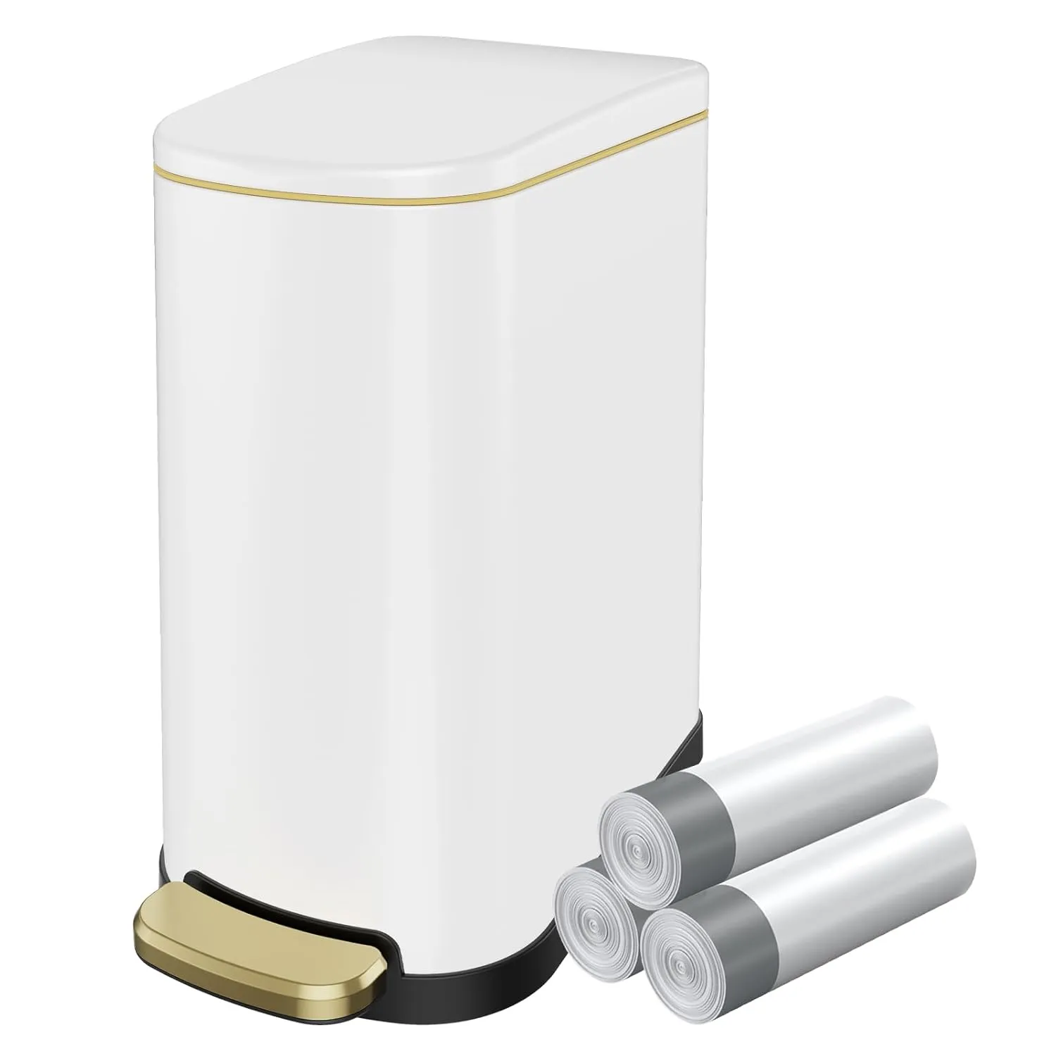 KUK Slim Bathroom Trash Can with Lid, 2.6 Gallon (10 L) Stainless Steel Step Small Garbage Can with Removable Inner Bucket, Soft Close, Anti-Fingerprint Finish (White)