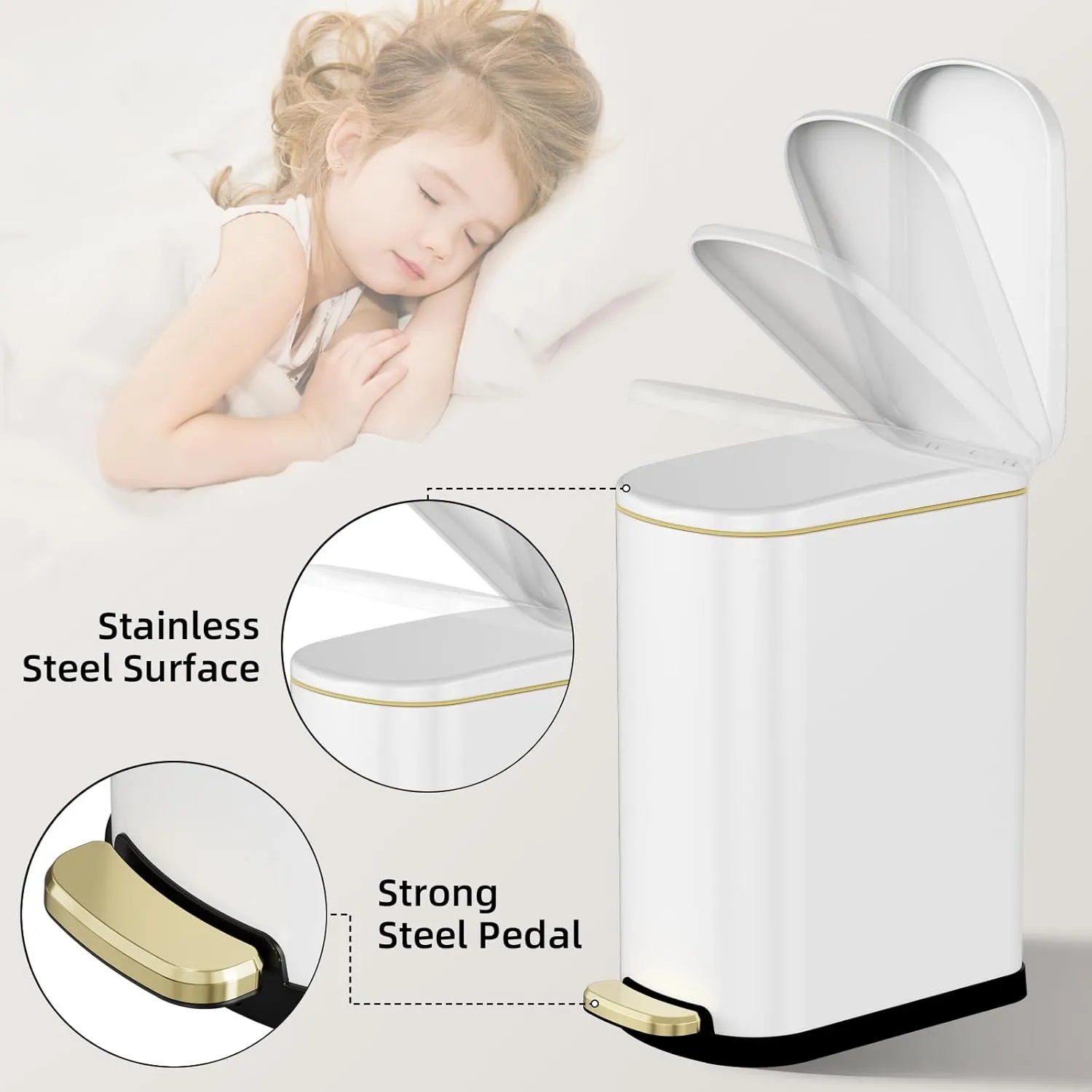 KUK Slim Bathroom Trash Can with Lid, 2.6 Gallon (10 L) Stainless Steel Step Small Garbage Can with Removable Inner Bucket, Soft Close, Anti-Fingerprint Finish (White)