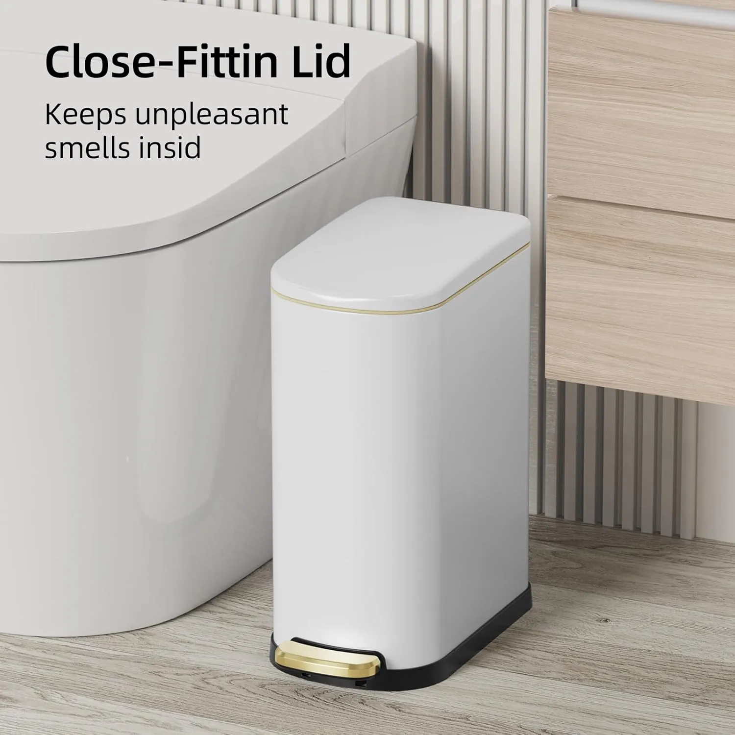 KUK Slim Bathroom Trash Can with Lid, 2.6 Gallon (10 L) Stainless Steel Step Small Garbage Can with Removable Inner Bucket, Soft Close, Anti-Fingerprint Finish (White)
