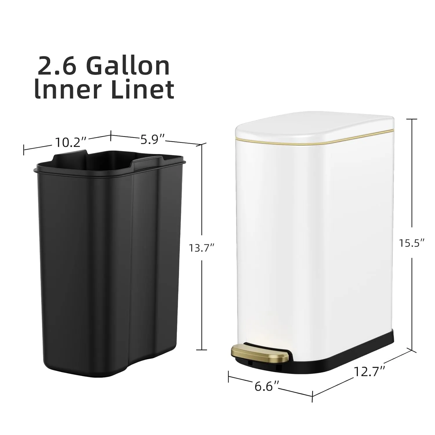 KUK Slim Bathroom Trash Can with Lid, 2.6 Gallon (10 L) Stainless Steel Step Small Garbage Can with Removable Inner Bucket, Soft Close, Anti-Fingerprint Finish (White)