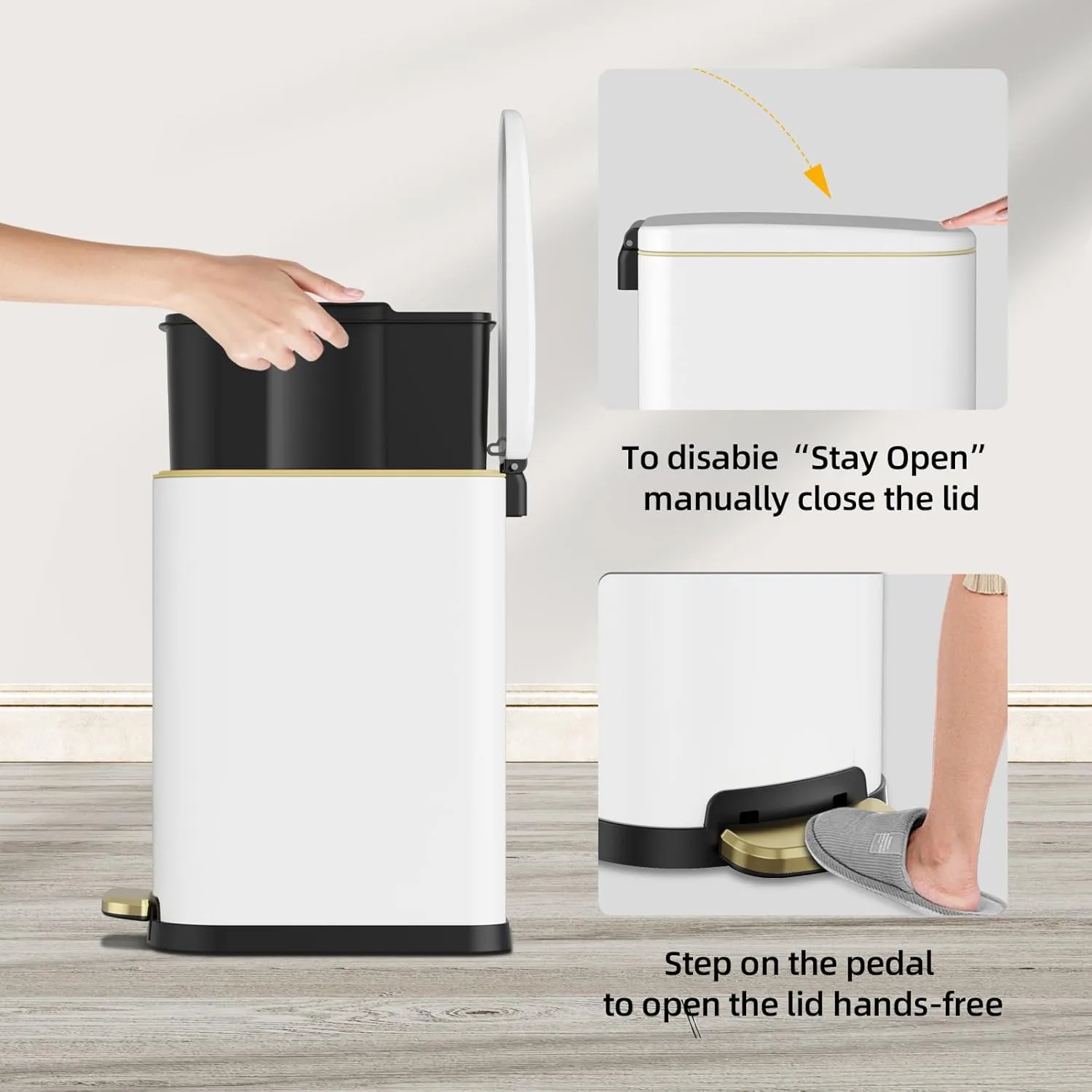 KUK Slim Bathroom Trash Can with Lid, 2.6 Gallon (10 L) Stainless Steel Step Small Garbage Can with Removable Inner Bucket, Soft Close, Anti-Fingerprint Finish (White)