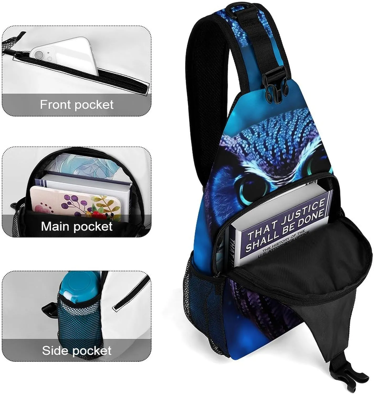 Lightweight Chest Bag Crossbody Bag Blue Owl Sling Backpack for Women Men Sports Travel