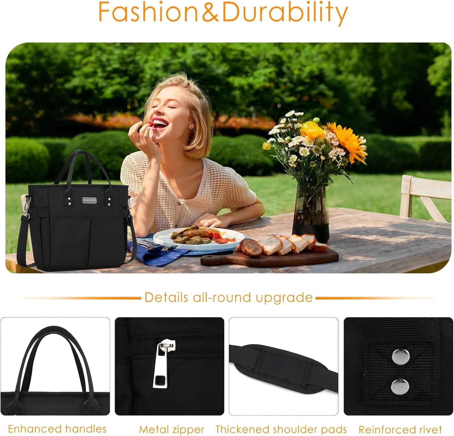 MAXTOP Lunch Bag Women for Work Insulated Thermal Lunch Box for Men with Wide-Open Pocket Reusable Leakproof Cooler Bags with Removable Shoulder Strap for Teacher Nurse Office Picnic Travel Black