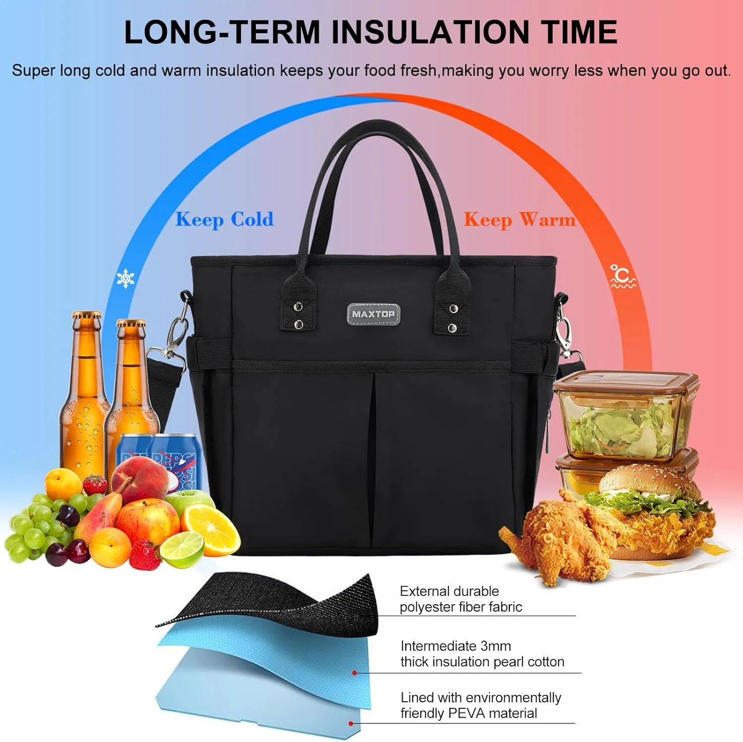 MAXTOP Lunch Bag Women for Work Insulated Thermal Lunch Box for Men with Wide-Open Pocket Reusable Leakproof Cooler Bags with Removable Shoulder Strap for Teacher Nurse Office Picnic Travel Black