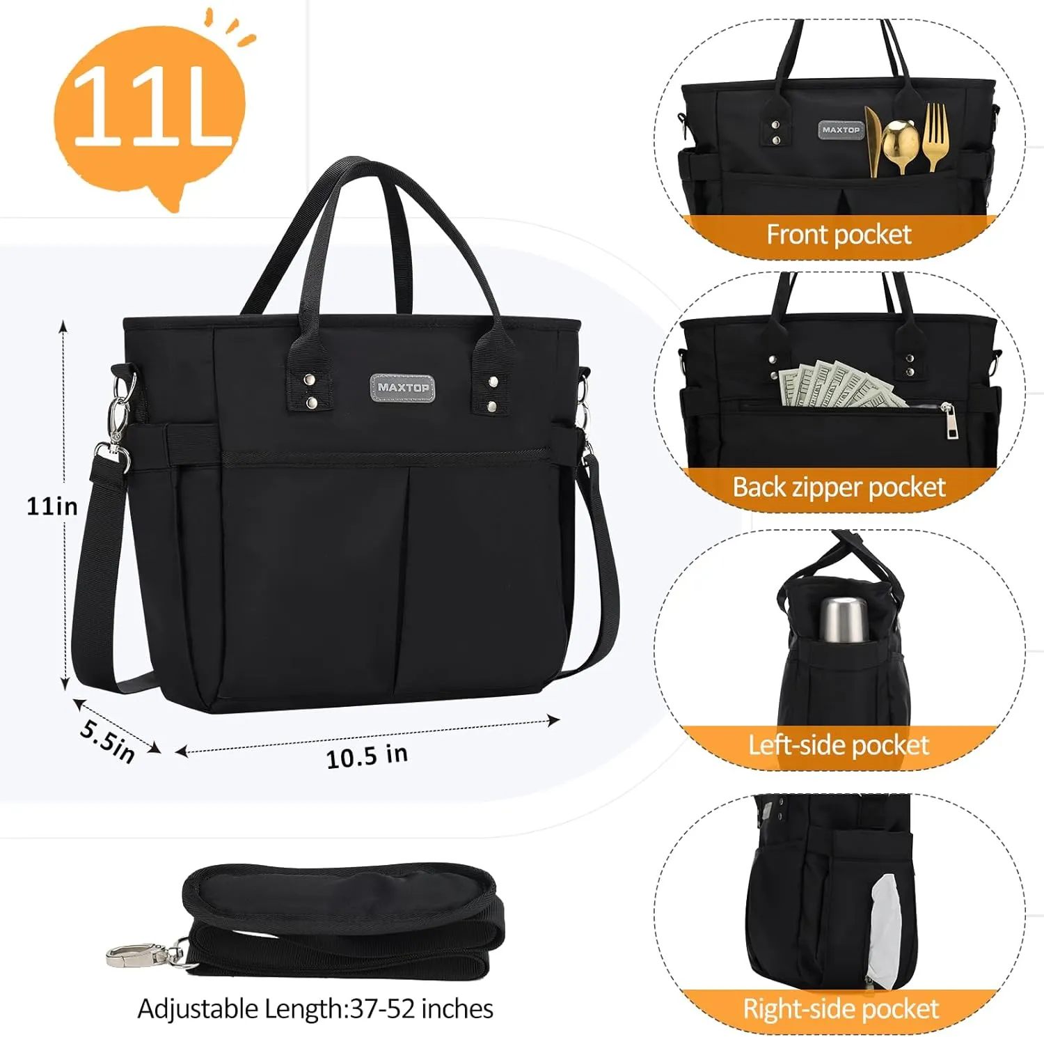 MAXTOP Lunch Bag Women for Work Insulated Thermal Lunch Box for Men with Wide-Open Pocket Reusable Leakproof Cooler Bags with Removable Shoulder Strap for Teacher Nurse Office Picnic Travel Black