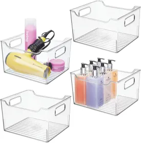 mDesign Large Deep Plastic Storage Bin with Handle for Bathroom/Vanity Organization - Countertop Makeup Organizer - Organization for Shelf, Cabinet, and Closet Decor - Ligne Collection, 4 Pack, Clear