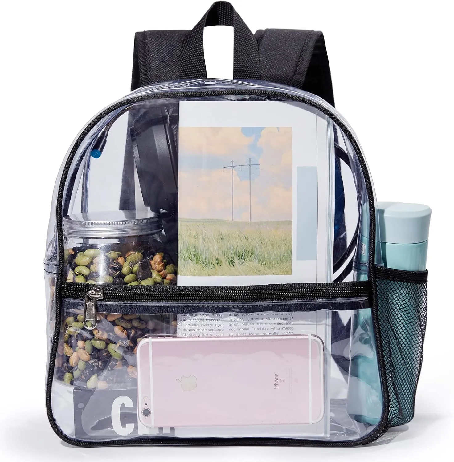 Mini Clear Backpack 12"x6"x12" Stadium Approved See Through Bag Waterproof PVC Small Transparent Backpacks for Festival Sport Event Concerts, Black