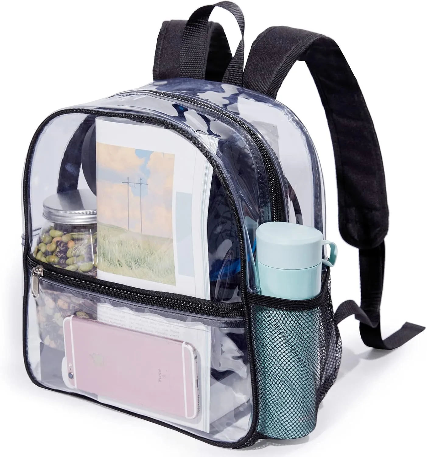 Mini Clear Backpack 12"x6"x12" Stadium Approved See Through Bag Waterproof PVC Small Transparent Backpacks for Festival Sport Event Concerts, Black
