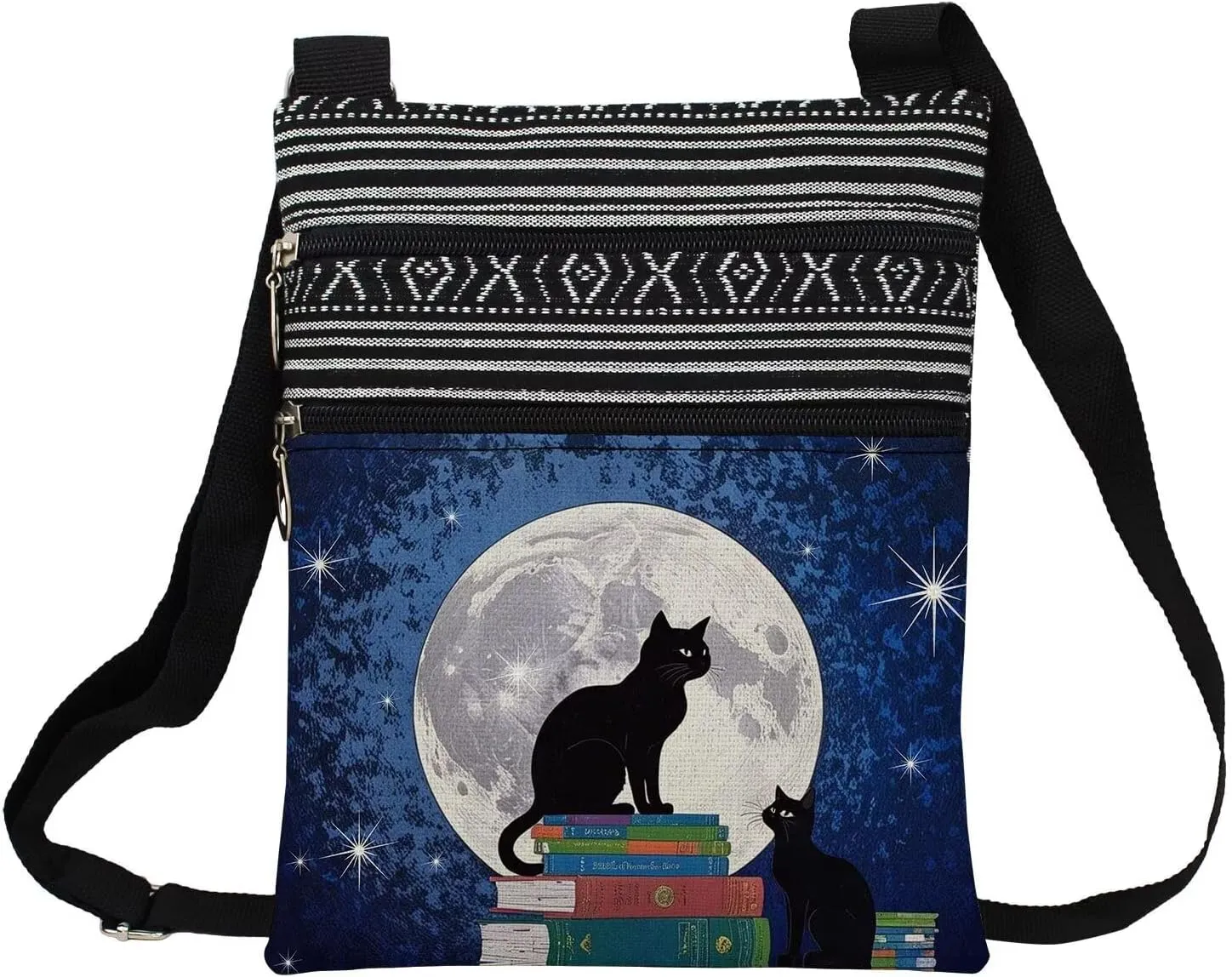 Moon Cat Messenger Bag Small Ethnic Pattern Printed Adjustable Strap Crossbody Zipper Pouch Moon Cat Phone Organizer Wallet Cute Shoulder Handbag for Women