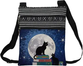 Moon Cat Messenger Bag Small Ethnic Pattern Printed Adjustable Strap Crossbody Zipper Pouch Moon Cat Phone Organizer Wallet Cute Shoulder Handbag for Women