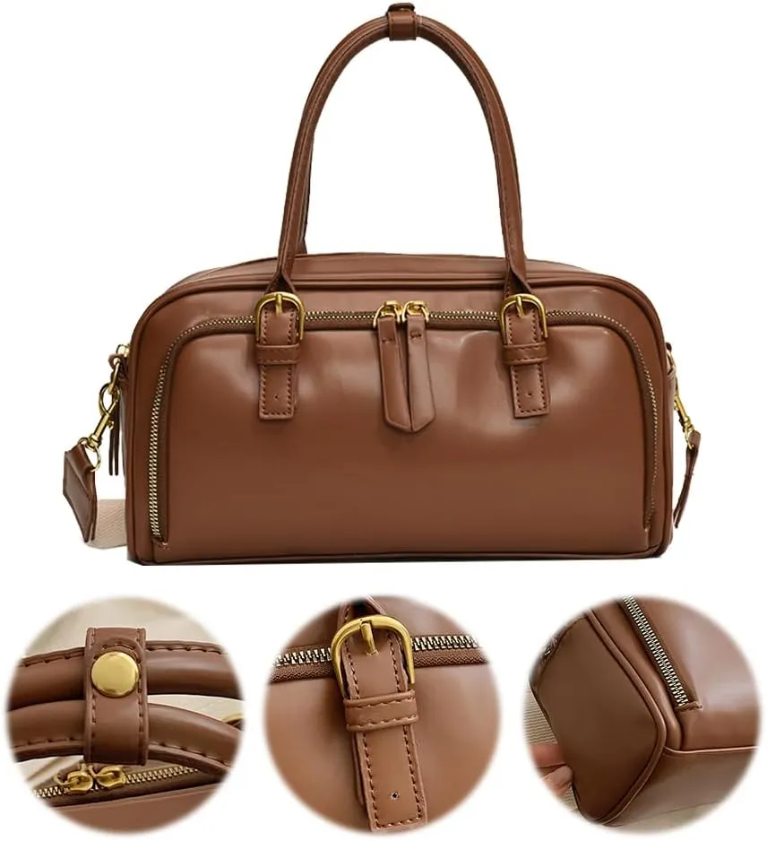 Multi-Pocket Bowling Bag Hobo Boston Tote Shoulder Bag for Women PU Leather Top Handle Bag for Work Travel