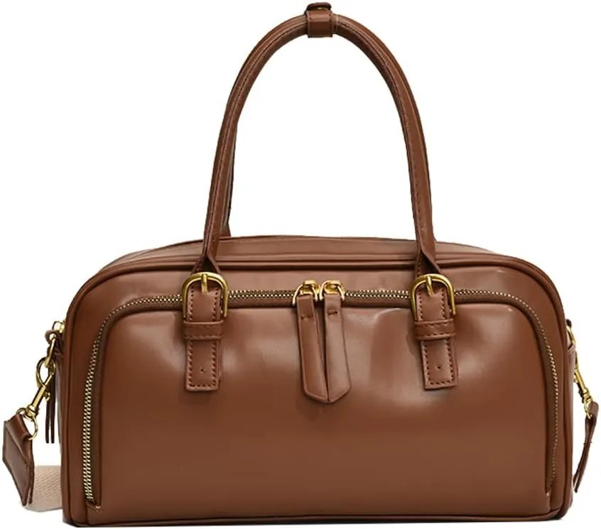 Multi-Pocket Bowling Bag Hobo Boston Tote Shoulder Bag for Women PU Leather Top Handle Bag for Work Travel