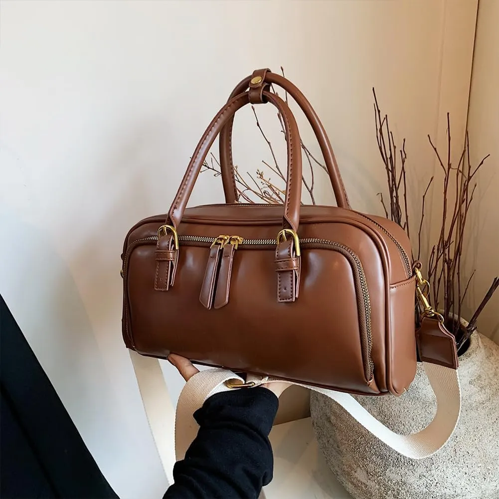 Multi-Pocket Bowling Bag Hobo Boston Tote Shoulder Bag for Women PU Leather Top Handle Bag for Work Travel