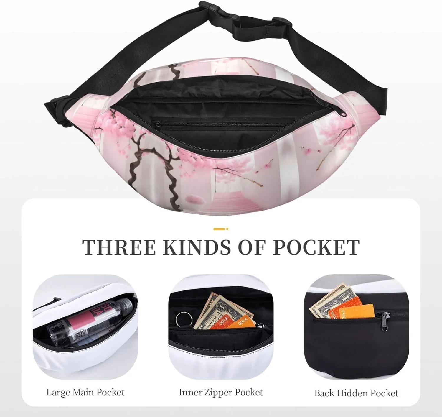 Pink cherry blossom staircase Fashion Crossbody Appearance High capacity outdoor with Adjustable Comfortable Work Leisure Versatile, RXZER23