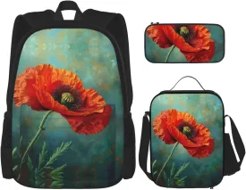 Poppy Flower Print Pencil Case Lightweight Casual Fashion Backpack Lunch Bag Large Capacity Travel Bag