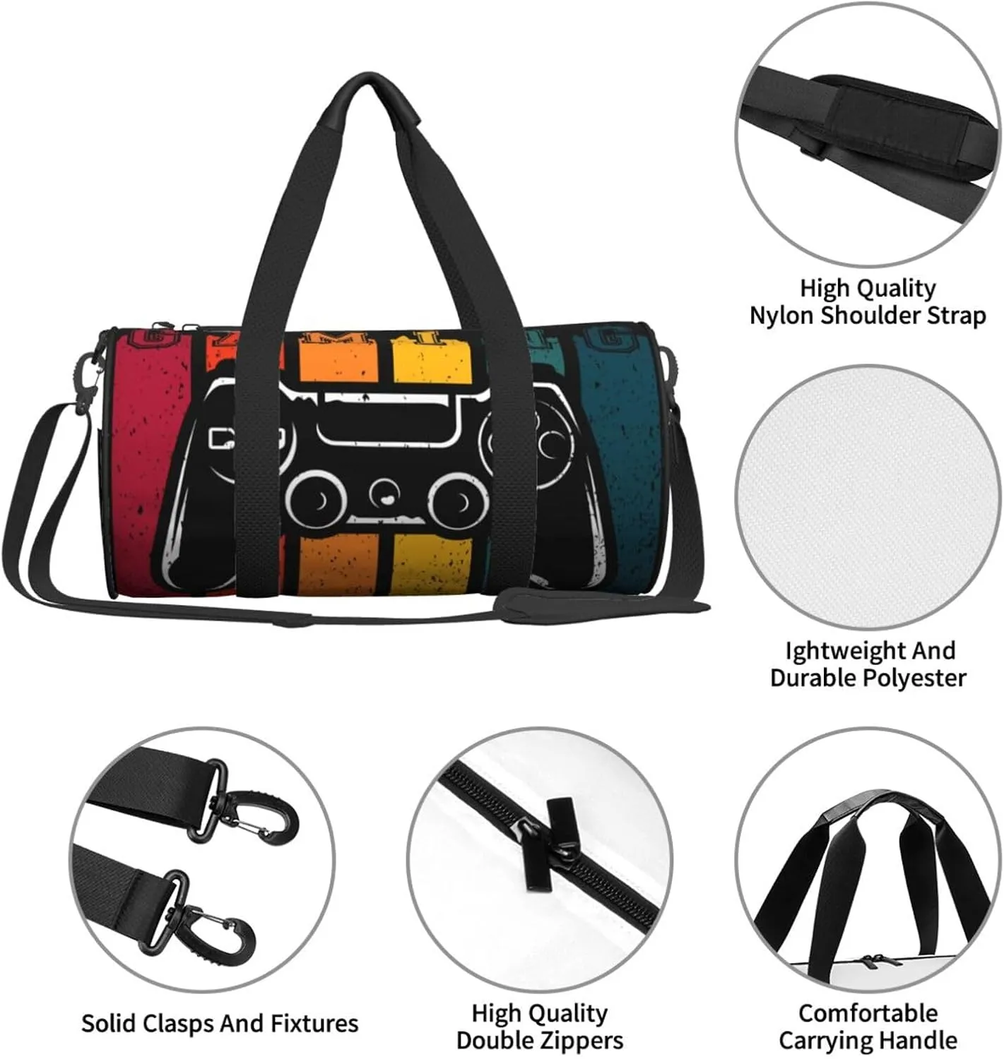 Retro Video Game Gym Duffle Bag Foldable Gaming Joystick Lightweight Carry On Weekender Travel Duffel Bags Sport Bags For Fitness Yoga Beach Swim Men Women