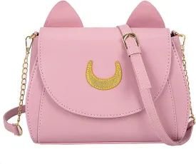 Sailor Anime Luna Crossbody Messenger Bag With Cat Ears, Womens Moon Purses Satchel, Kawaii PU Leather Cosplay Shoulder Bag