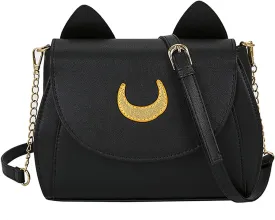 Sailor Anime Luna Crossbody Messenger Bag With Cat Ears, Womens Moon Purses Satchel, Kawaii PU Leather Cosplay Shoulder Bag