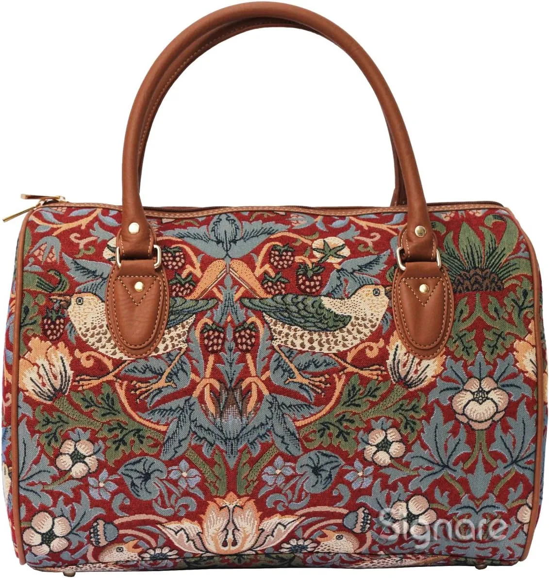 Signare Tapestry Duffle Bag Overnight Bags Weekend Bag for Women with Floral William Morris Strawberry Thief Red Design (TRAV-STRD)