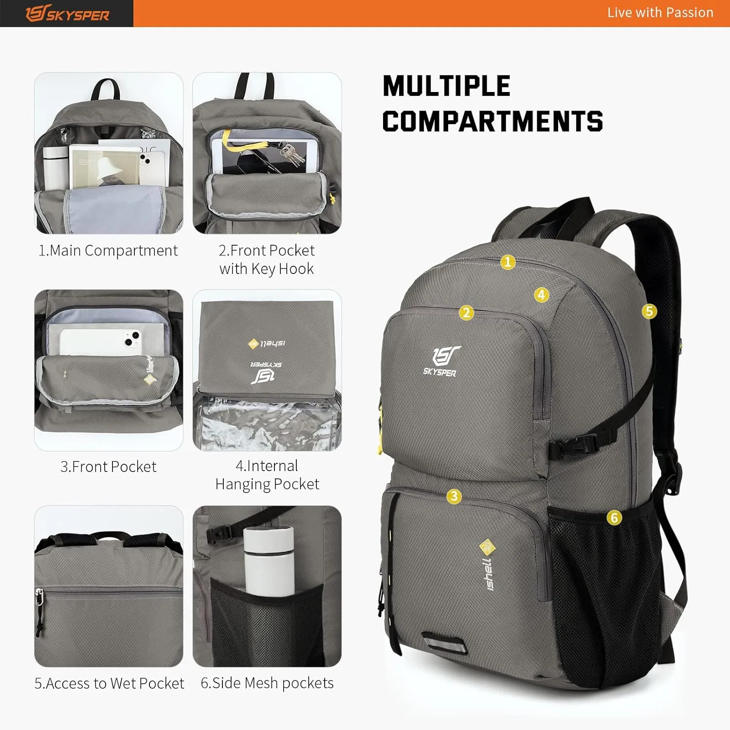 SKYSPER Lightweight Packable Backpack - 30L Hiking Daypack with Wet Pocket Foldable Travel Carry-on Backpack for Women Men