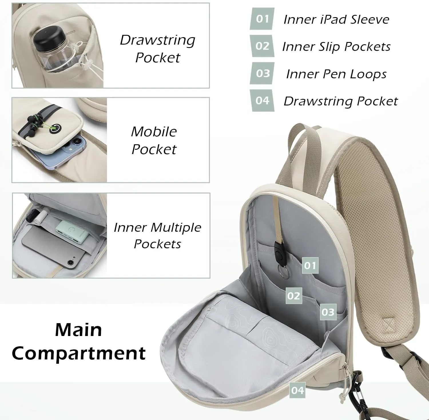 Sling Bag for Women, Crossbody Sling Chest Daypack Shoulder Cross body Bags for Casual Commuting Work Travel Sport Hiking,3.4L,Green Beige