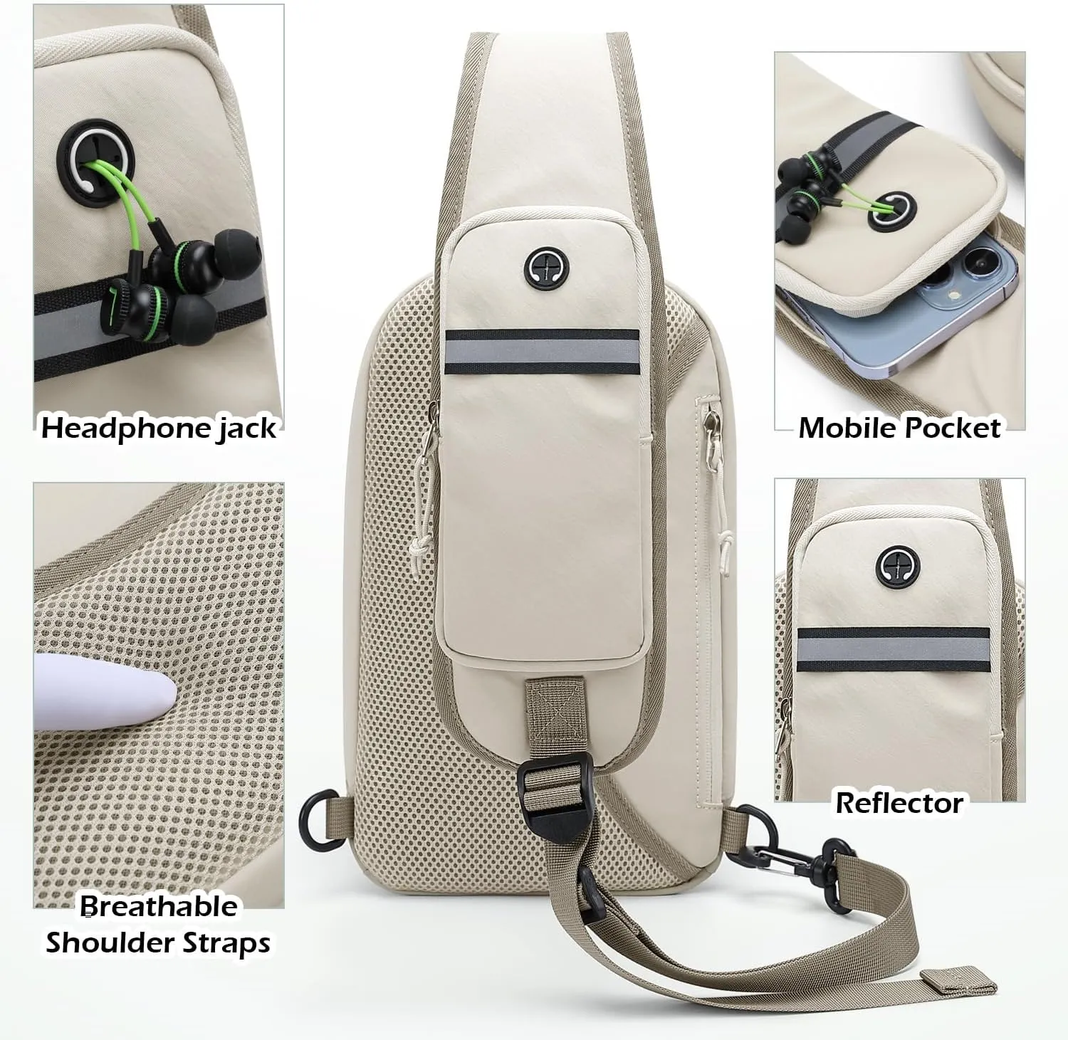 Sling Bag for Women, Crossbody Sling Chest Daypack Shoulder Cross body Bags for Casual Commuting Work Travel Sport Hiking,3.4L,Green Beige