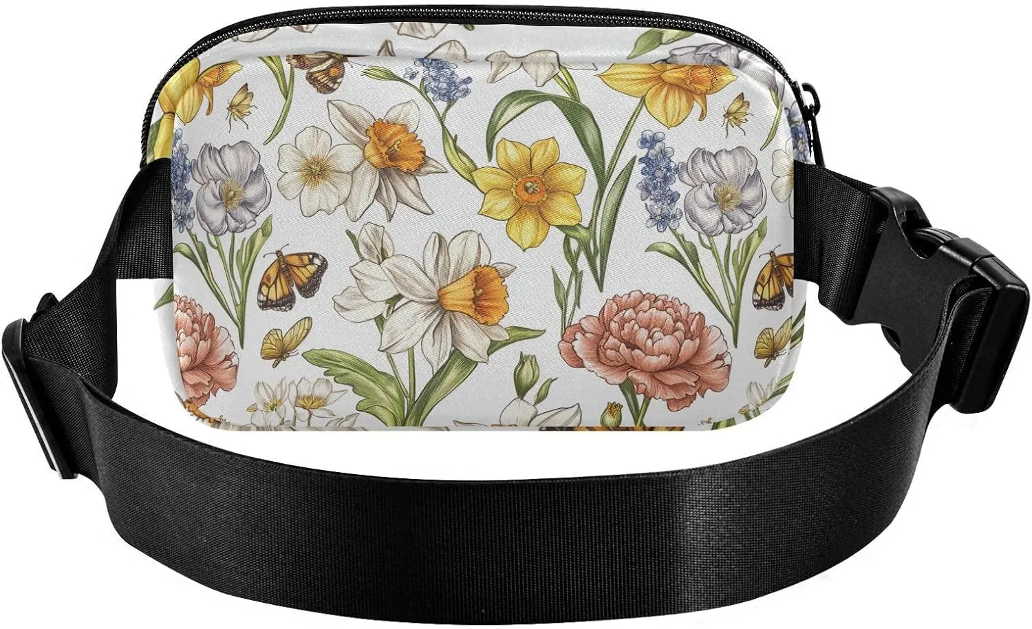 Spring Flowers Peonies Butterflies White Stylish Crossbody Bag Waist Packs for Men Women Large Capacity Sling Chest Bag with Adjustable Strap for Travel Running Hiking